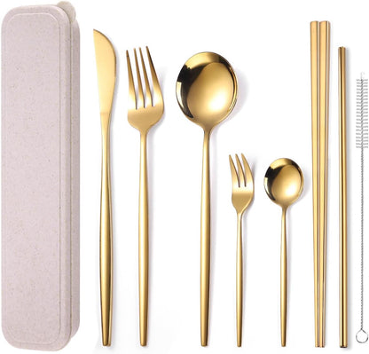 AARAINBOW 8 Pieces Stainless Steel Flatware Set Portable Reusable Cutlery Set Travel Utensils Set Including Chopsticks Knife Fork Spoon Straws Cleaning Brush Dishwasher Safe (Pink Golden)