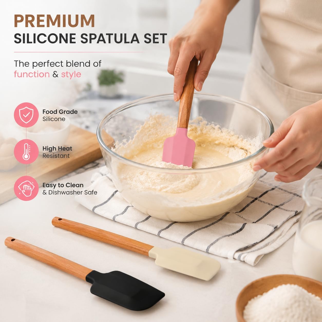 Silicone Spatula Set 3 Pieces - BPA Free&600 ° F High Temperature Resistant, Suitable for Baking, Cooking, and Stirring, Non Damaging and Non Sticky Pot Coatings