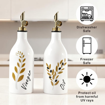 Oil and Vinegar Dispenser with Spout Set of 2, 13.5oz Olive Oil Dispenser Bottle for Kitchen Leakproof Oil Containers with Stainless Steel Pourer Suitable for Oil, Vinegar, Soy Sauce