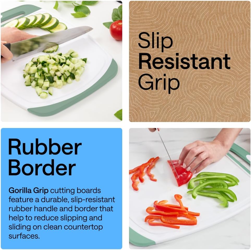 GORILLA GRIP BPA-Free Reversible Kitchen Cutting Board Set of 3, US Designed, Nonporous, Juice Grooves Catch Liquid, Slip Resistant Border, Dishwasher Safe, Durable Large Food Chopping Boards, Black