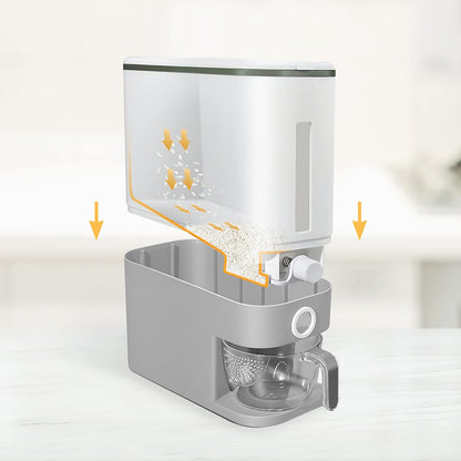 Proarea Rice Dispenser 25 Lbs, Airtight Grain Rice Storage Container with Measuring Cup, One-Touch Dry Food Dispenser for Kitchen Pantry, Clear Scale Window, Grey