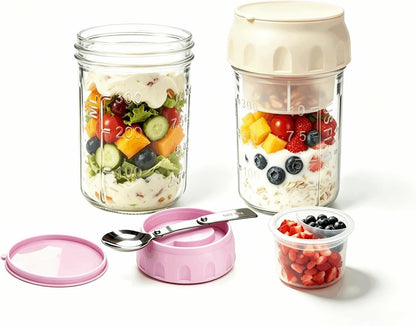 Overnight Oats Containers with Lids and Spoons - 4 Pack 16 oz Glass Mason Jars with Separate Compartments Airtight Overnight Oat Jars Leakproof Yogurt Parfait Cup for Oatmeal Chia Pudding Cereal Salad