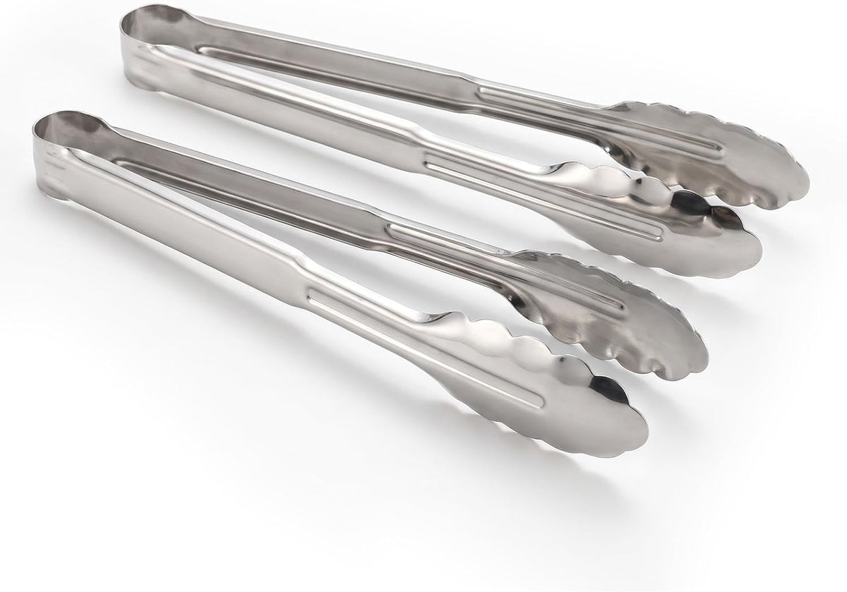 Wavy Tip Stainless Steel Cooking Tongs, Seamless One-Piece Design, Heatproof 304 Metal Tongs for Kitchen,Grill,Camping,Buffet,Dishwasher Safe,2 Pack 9 Inch Set