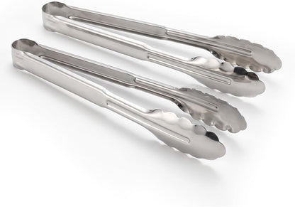 Wavy Tip Stainless Steel Cooking Tongs, Seamless One-Piece Design, Heatproof 304 Metal Tongs for Kitchen,Grill,Camping,Buffet,Dishwasher Safe,2 Pack 9 Inch Set
