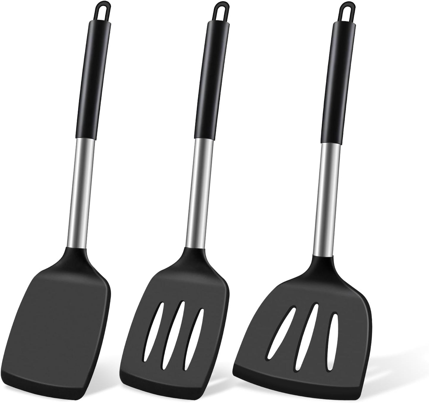 Silicone Spatula Set, Heat Resistant Solid & Slotted Turner for Non-Stick Pans, Silicone Cooking Utensils Set, BPA-Free, Flexible Spatula Turner for Flipping Eggs, Burgers, Pancakes, Black, 3 PCS-A