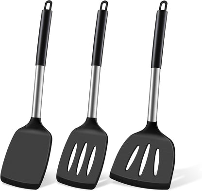 Silicone Spatula Set, Heat Resistant Solid & Slotted Turner for Non-Stick Pans, Silicone Cooking Utensils Set, BPA-Free, Flexible Spatula Turner for Flipping Eggs, Burgers, Pancakes, Black, 3 PCS-A