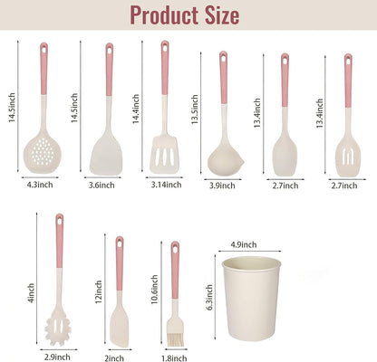 Silicone Kitchen Utensils Set, 10 Piece Silicone Cooking Utensils Set with Holder, Heat-Resistant Non Stick Cooking Tools Set with Spatula,Turner Ladle Skimmer Pasta Fork,BPA Free (Khaki)