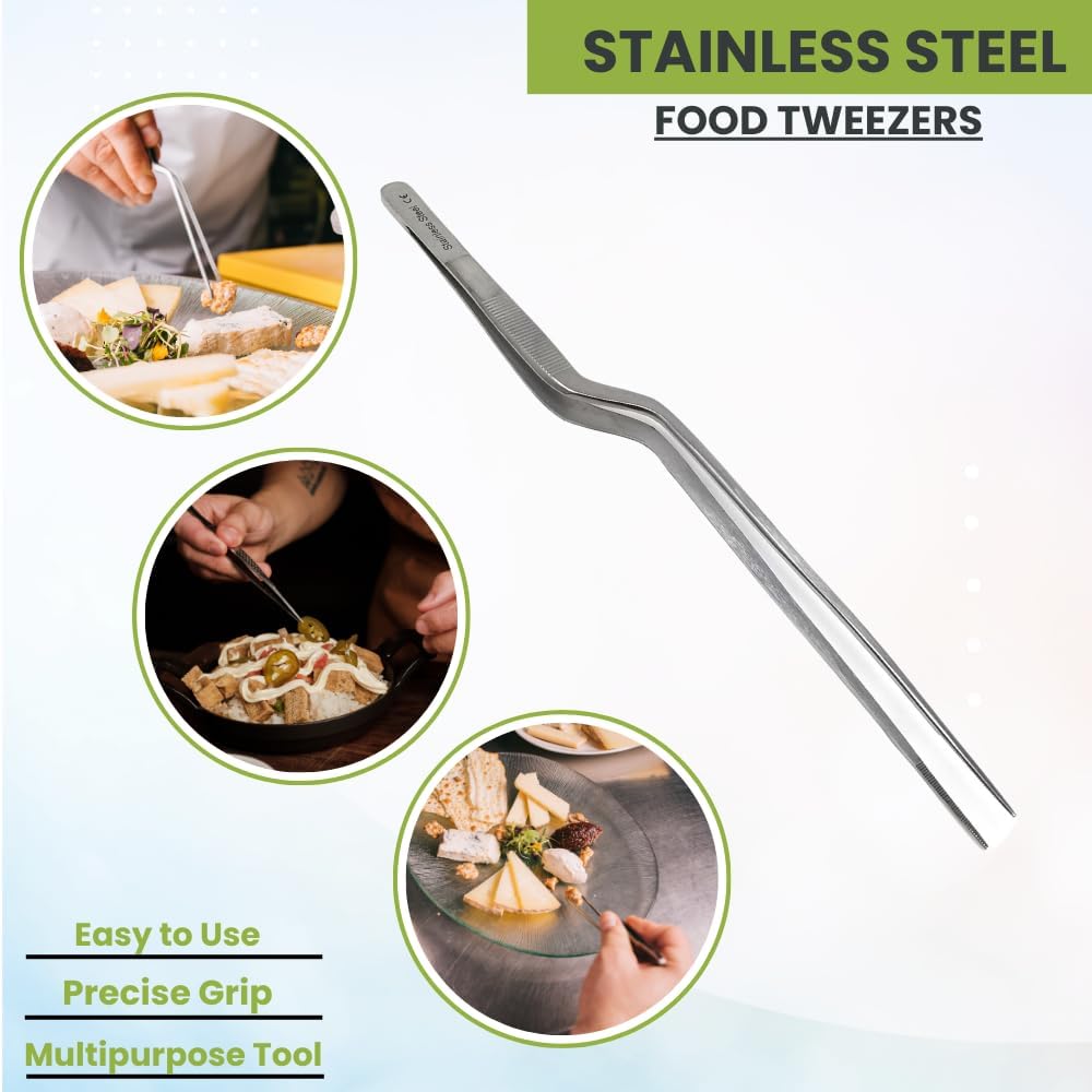 Stainless Steel Offset Chef Kitchen Tweezers for Preparing, Sea Food, BBQ, Decorating Plates & Cakes, Pastries, Kernels of Corn, Pine Nuts Garnishing, Placing & Picking Objects (8 Inch)