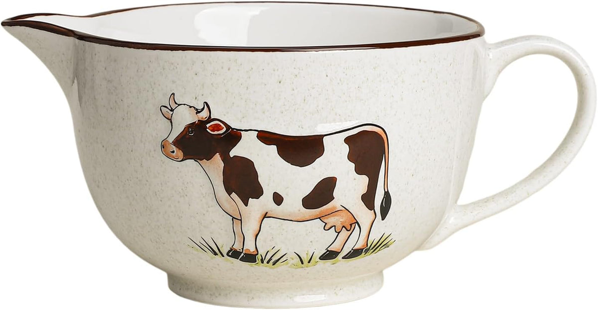 Gaolinci Cow Embossed Ceramic Mixing Bowl, 1 Quart Batter Bowl, with Pouring Spout and Handle
