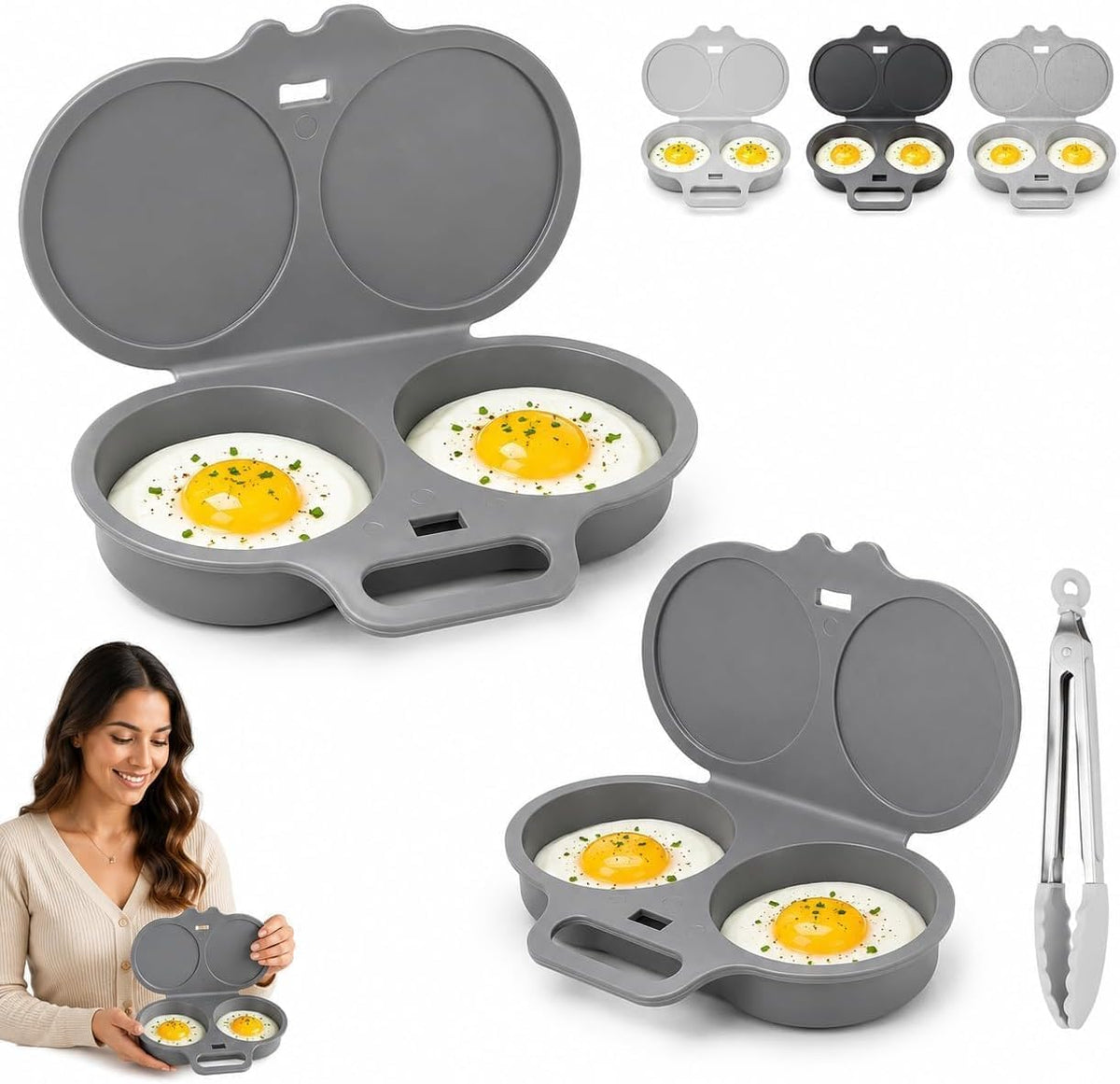 2Pcs Dual Cavity Microwave Egg Poacher With Lid & Handle,Dark grey