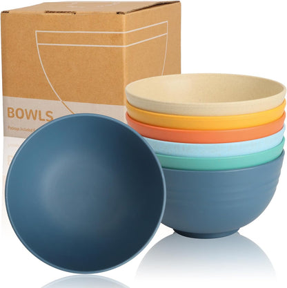 Wrova Wheat Straw Bowls for Kitchen set of 6,Anti-Scald Thick Soup Bowls 40oz,Microwave and Dishwasher Safe Bowl Sets, Unbreakable Cereal Bowl Sets. Vibrant Series