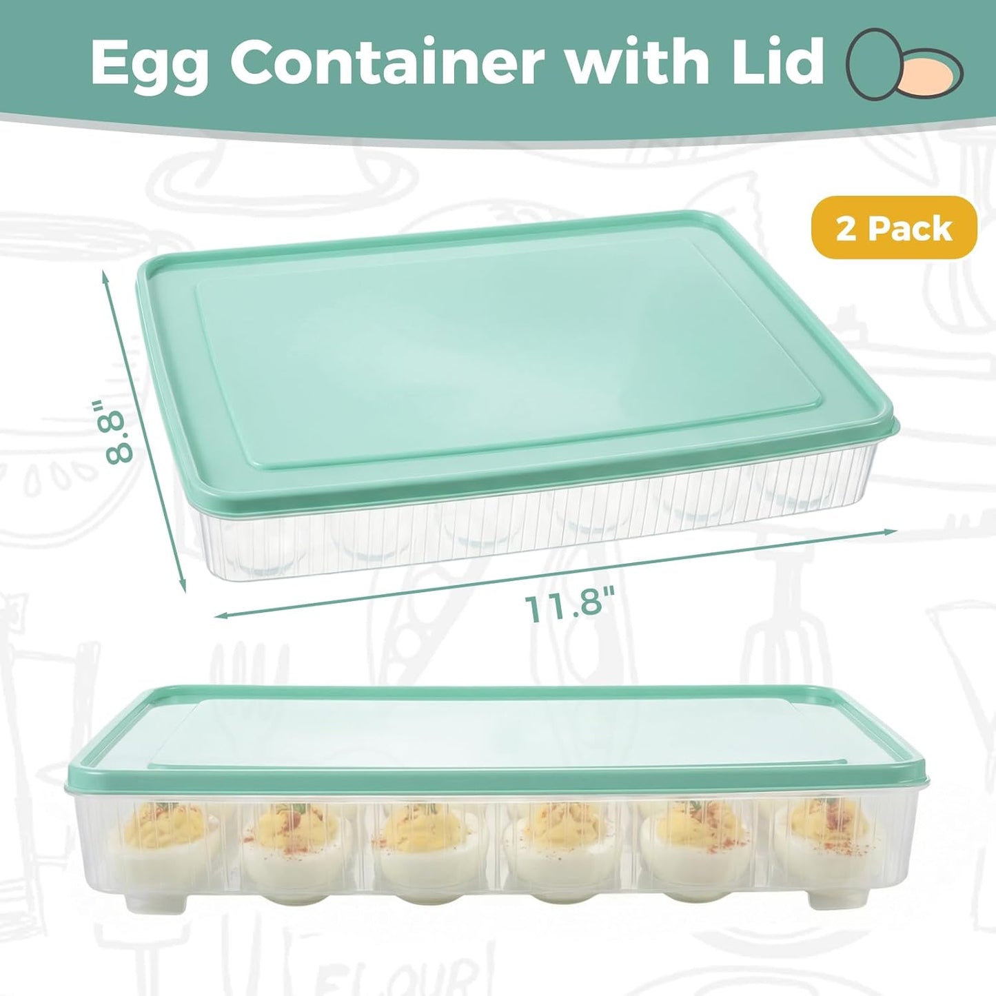 HAKSEN Deviled Egg Containers with Lid, (Set of 2), Deviled Egg Holder Tray Carrier for Refrigerator with 48 Holes, Fridge Stackable Kitchen Portable Countertop Storage