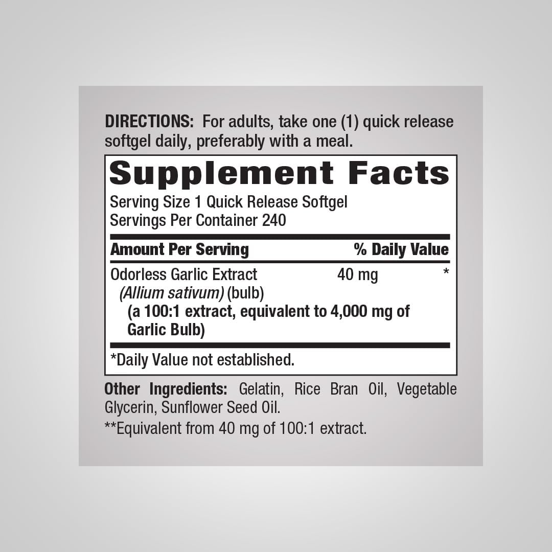 Piping Rock Odorless Garlic Softgels | 240 Count