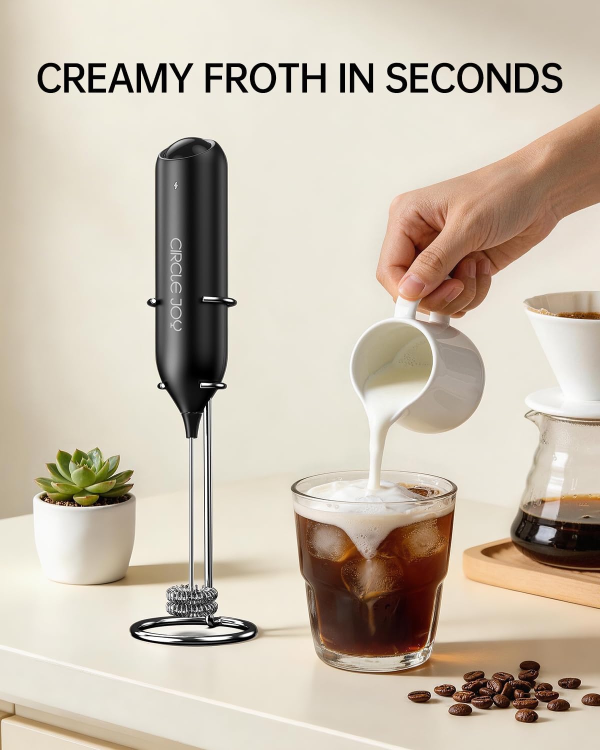 CIRCLE JOY Rechargeable Milk Frother Handheld with Stand, Dual Spring Whisk Head Electric Coffee Frother Foam Maker, Portable Drink Mixer for Cappuccino, Latte, Matcha, Black