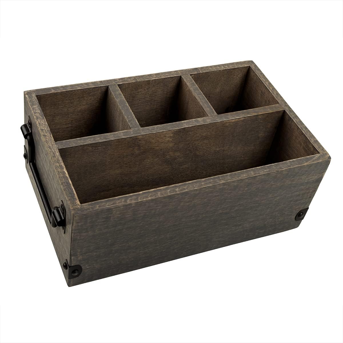 GoCraft 4-Compartment Flatware Caddy – Wooden Cutlery Holder with Napkin Holder, Silverware & Condiment Organizer, White Washed Mango Wood with Metal Handles, Perfect for Kitchen, Dining, and Picnics