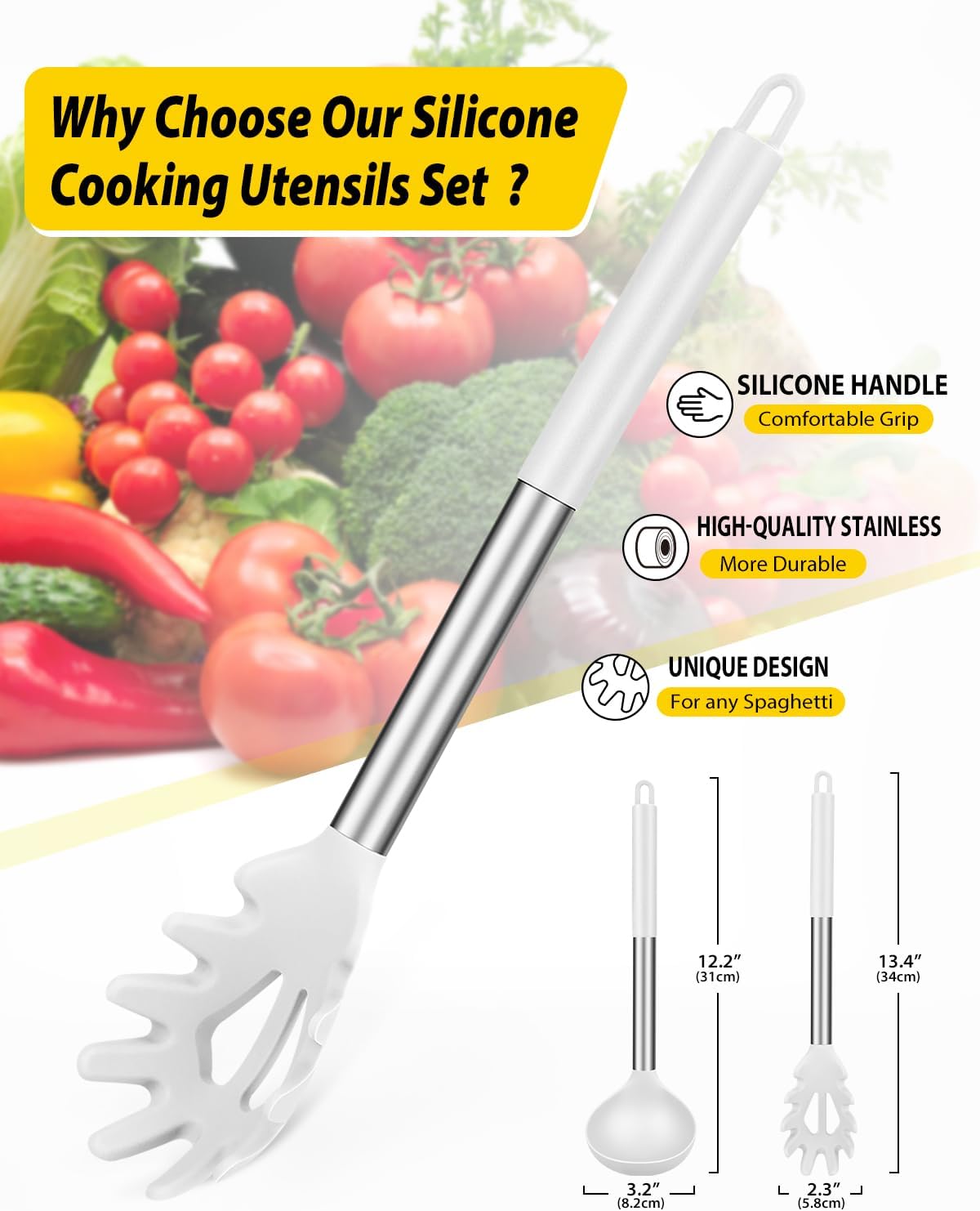 BUNDLEPRO Silicone Soup Ladle and Pasta Spoon Set, 2 Pack, Gray