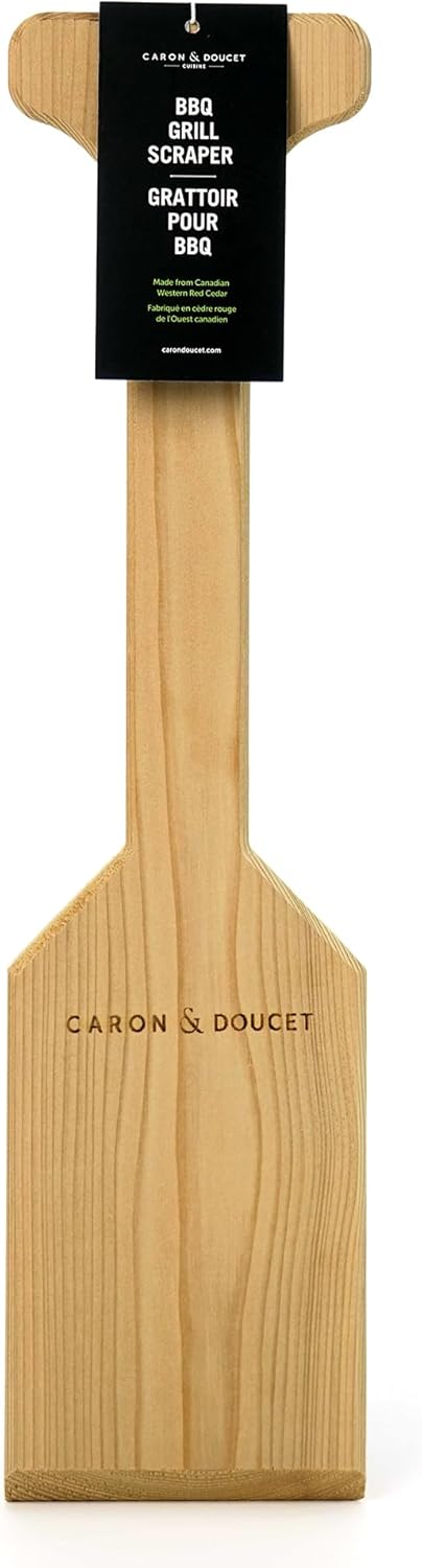 CARON & DOUCET BBQ Grill Cleaner Oil (16oz) & Natural Red Cedar Wood BBQ Grill Scraper Bundle – Wire Bristle Free, Safe Tool for Gas & Charcoal Grates