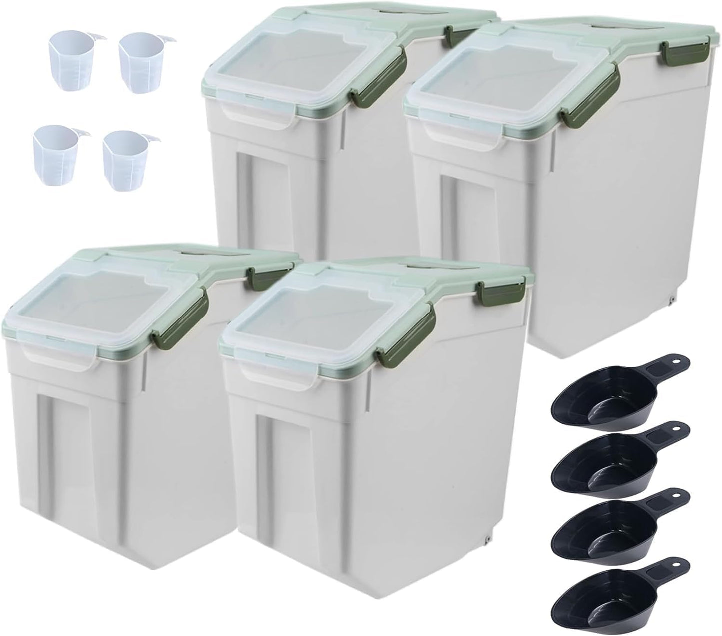 AnRui Airtight Flour Storage Container 25lb, Plastic Grain Storage Bucket, Rice Cereal Dispenser Organizer Box with Lid, Cat Dog Food Storage Bin with Measuring Cup, Scoop, Wheels, 2Pcs Green