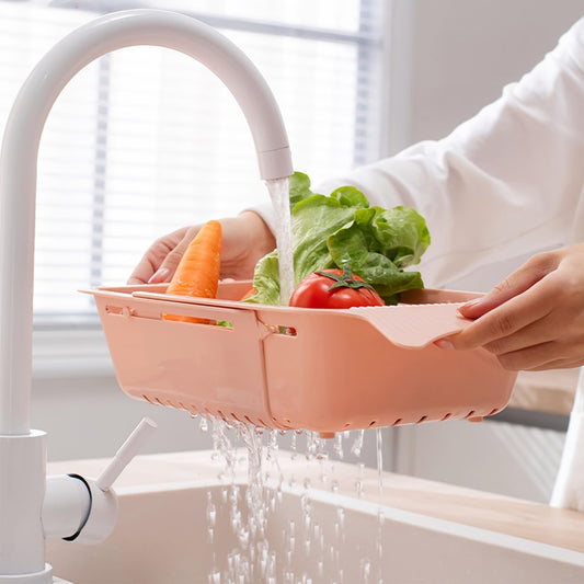 1Pcs Space-Saving Collapsible Over The Sink Colander - Extendable Dish Drainer Basket for Washing Fruits, Vegetables, Draining Pasta & Dishes - Durable Kitchen Sink Strainer & Food Prep Tool (Pink)