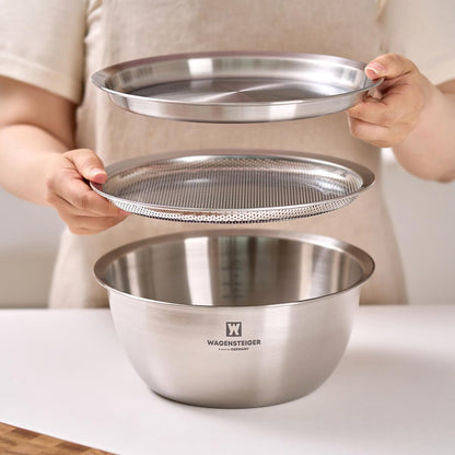 WAGENSTEIGER 3-Piece Stainless Steel Mixing Bowl Set with Strainer & Oil Drain Tray – Nesting Prep & Baking Bowls with Measurement Marks (9.45 in)