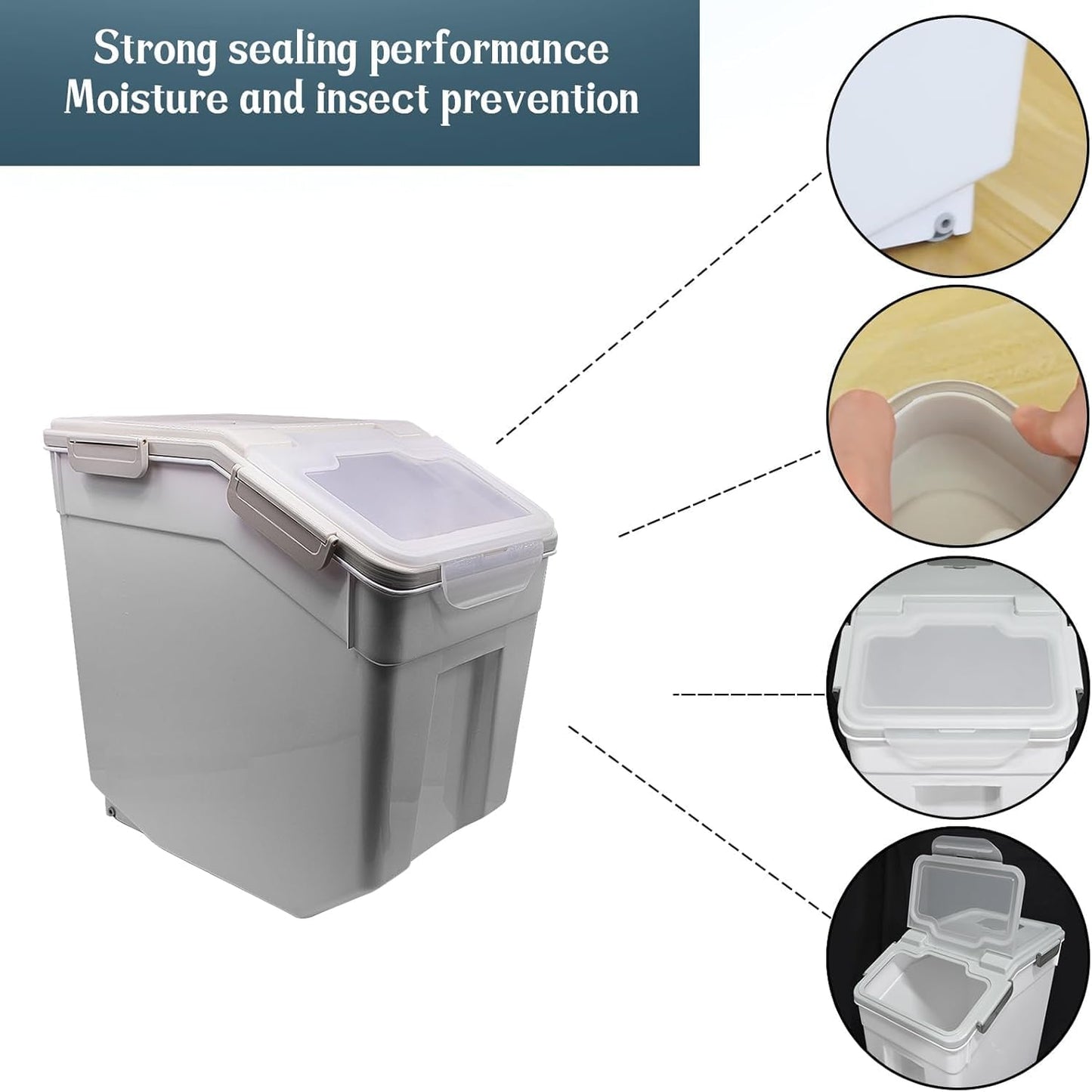 AnRui Airtight Flour Storage Container 25lb, Plastic Grain Storage Bucket, Rice Cereal Dispenser Organizer Box with Lid, Cat Dog Food Storage Bin with Measuring Cup, Scoop, Wheels, 2Pcs Green