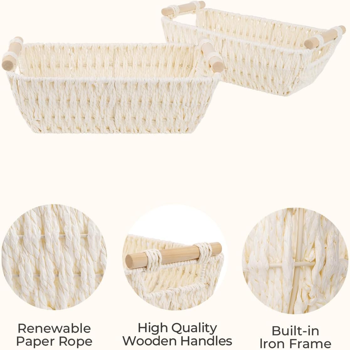 StorageWorks Hand-Woven Storage Baskets with Wooden Handles, Water Hyacinth Wicker Baskets for Organizing, 2 Pack