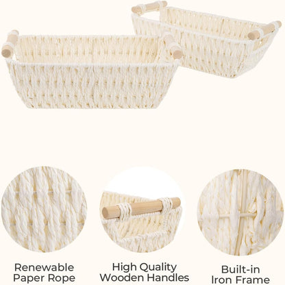 StorageWorks Hand-Woven Storage Baskets with Wooden Handles, Water Hyacinth Wicker Baskets for Organizing, 2 Pack