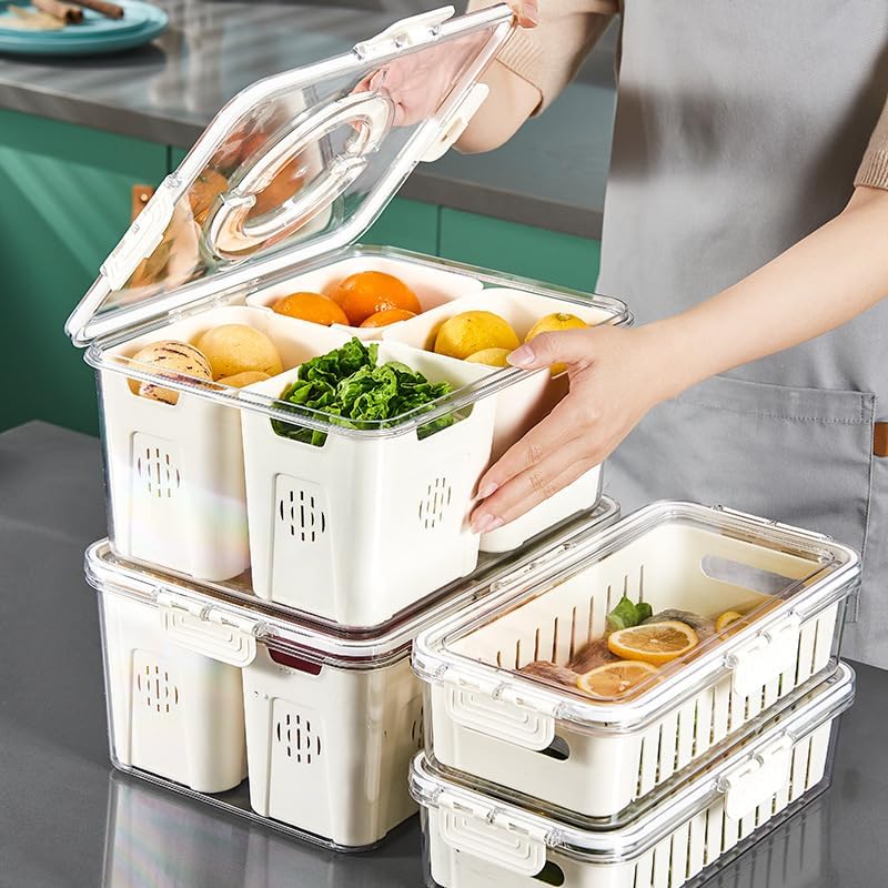 shopwithgreen Divided Serving Tray with Lid, Portable Snack Box Charcuterie Veggie Tray with Lid, Food Storage Organizer with 8 Colandersfor Fruit, Vegetable, Refrigerator, Kitchen, Party, Picnic