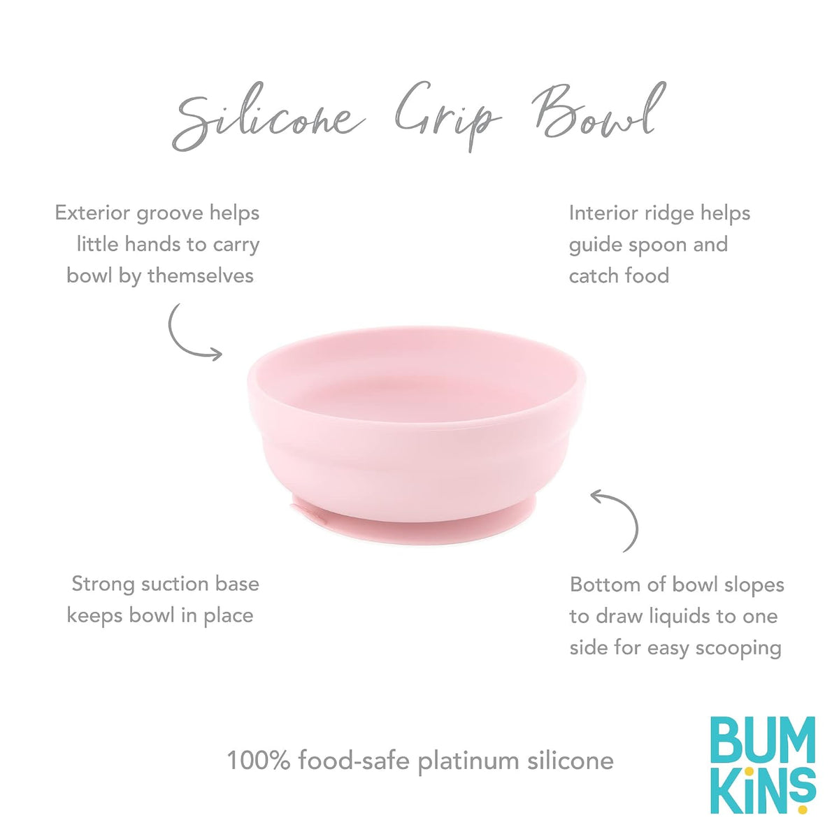Bumkins Baby Bowl, Silicone Suction, for Babies, Toddlers and Kids, Baby Led Weaning, Feeding Essentials, Platinum Silicone, Non Skid Sticky Bottom, Supplies for Children Ages 6 Months Up, Gray