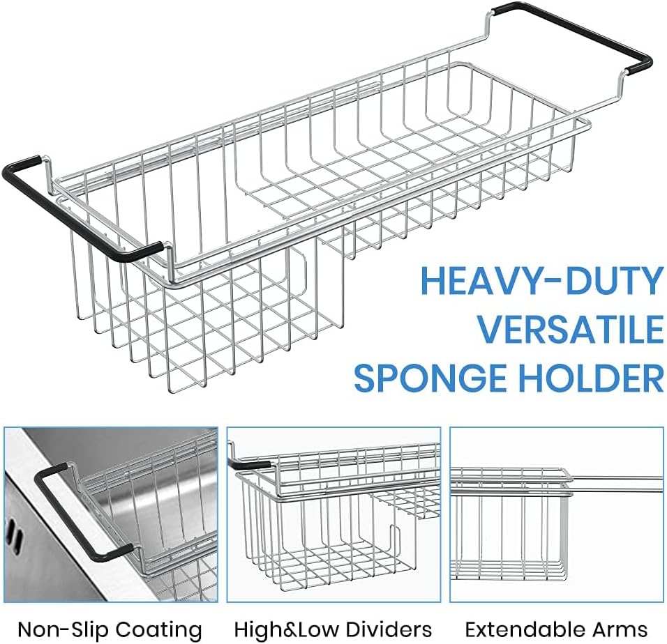 TreeLen Over The Kitchen Sink Caddy Sponge Holder Organizer Drying Rack Expandable for Sponge Brush Soap 13.8" to 20.8", Stainless Steel