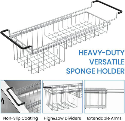 TreeLen Over The Kitchen Sink Caddy Sponge Holder Organizer Drying Rack Expandable for Sponge Brush Soap 13.8" to 20.8", Stainless Steel