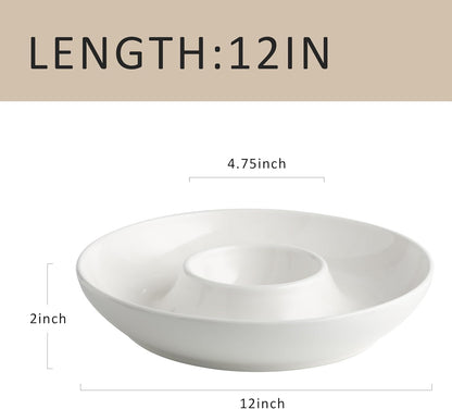 LEHAHA 12.25 inch porcelain Chip and Dip Serving Set, Ceramic Platters for Cheese, Appetizers &Chips Salsa, Fruit and Veggies, Divided Serving Trays for Family Gathering and Parties, Dark Creamy
