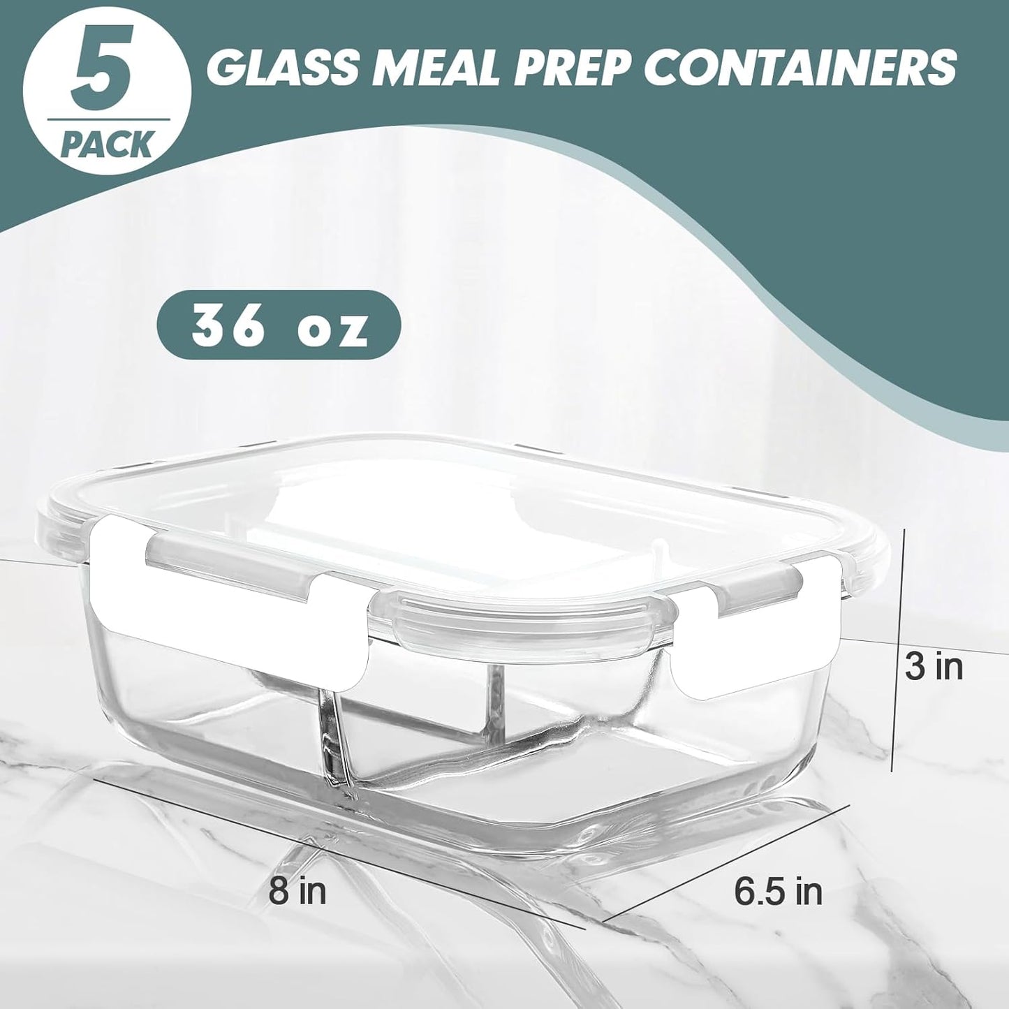 KOMUEE Glass Meal Prep Containers 3 Compartments, 5 Pack 36 oz, Glass Food Storage Containers with Lids, Airtight Lunch Bento Box, Portion Control, Freezer and Microwave Safe