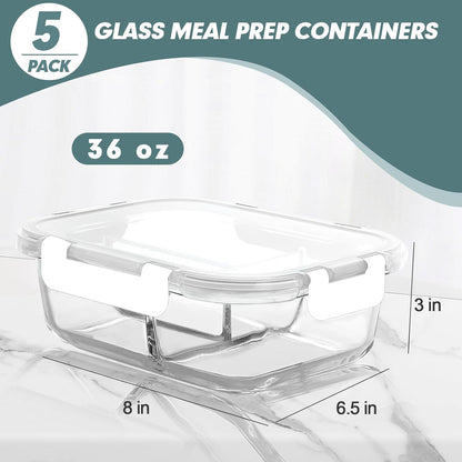 KOMUEE Glass Meal Prep Containers 3 Compartments, 5 Pack 36 oz, Glass Food Storage Containers with Lids, Airtight Lunch Bento Box, Portion Control, Freezer and Microwave Safe