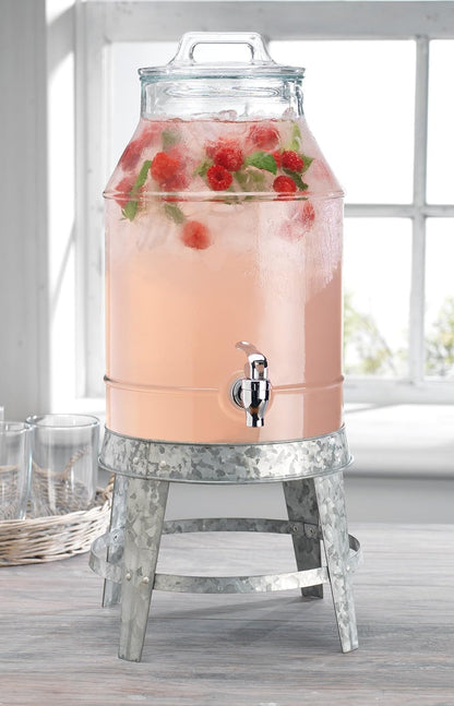 3 Gallon Classic Ice Cold Clear Glass Mason Jug Drink Beverage Dispenser Durable On Galvanized Stand With Leak Free Spigot-Easy Filling For Outdoor, Parties & Daily Use Lid