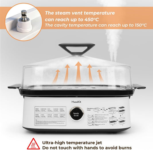 Electric Food Steamer 8 Quart, Borosilicate Glass Steamer for Cooking Vegetables and Rice, 450°C, 10 Presets, 40% Less Fat and Salt, Auto Shut-Off, No Descaling