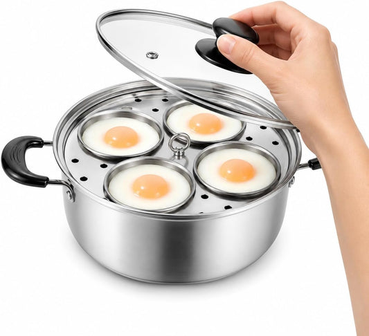 Egg Poacher Pan, Egg Poacher, Stainless Steel, 4 Cups Egg Cooker, Tempered Glass Lid, Ideal for Kitchen, Visible Cooking, All Stovetops Compatible
