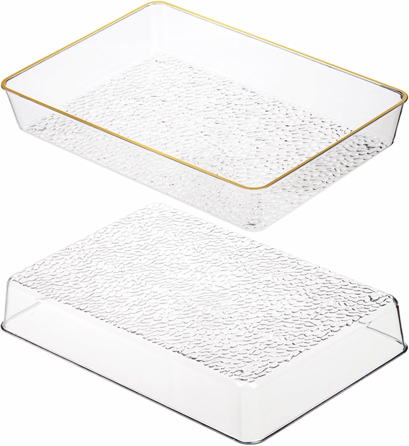 Cididu 4 Pack Clear Serving Trays, Deep Serving Platters Rectangle 12'' x 8'', Decorative Tray with Gold Rim, Reusable Plastic Tray Organizer for Coffee Table Pantry Party Food Display Spill Proof