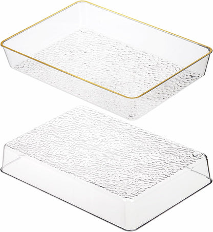 Cididu 4 Pack Clear Serving Trays, Deep Serving Platters Rectangle 12'' x 8'', Decorative Tray with Gold Rim, Reusable Plastic Tray Organizer for Coffee Table Pantry Party Food Display Spill Proof