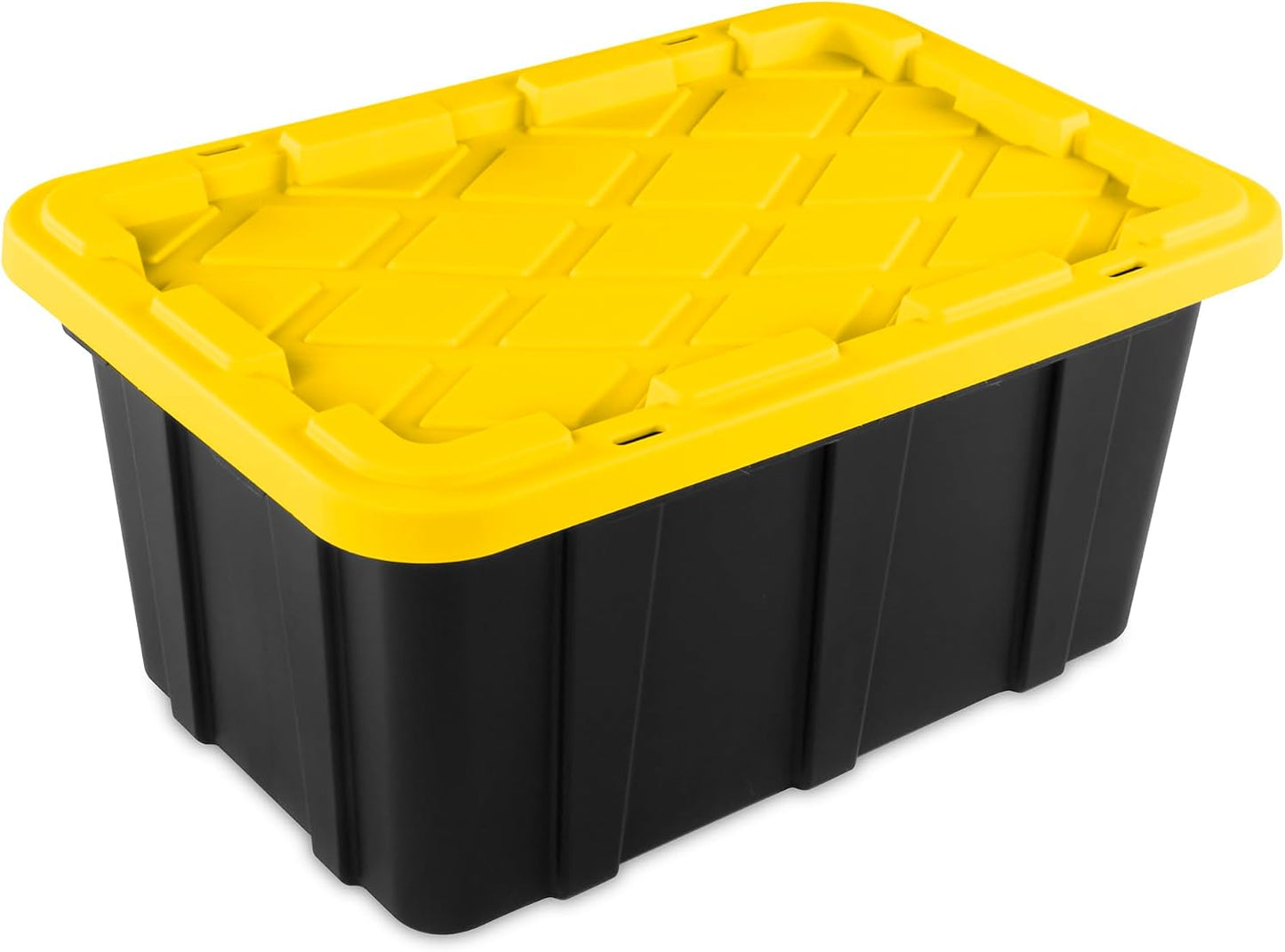 Sterilite 4-Pack 27 Gallon Industrial Storage Tote, Heavy-Duty Plastic Bins, Black/Yellow - Stackable Utility Organizers with Lids for Garage, Camping Tools, and Outdoor Gear