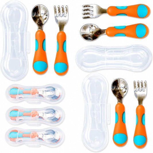 kinsho Toddler Utensils - Kids Silverware Set with Travel Case 3 pack - Stainless Steel Forks Spoons for 1 2 3 4 Years Old. Metal Lunch Box Cutlery for Children Girls, Round Handle, 6 Pieces Pink Blue