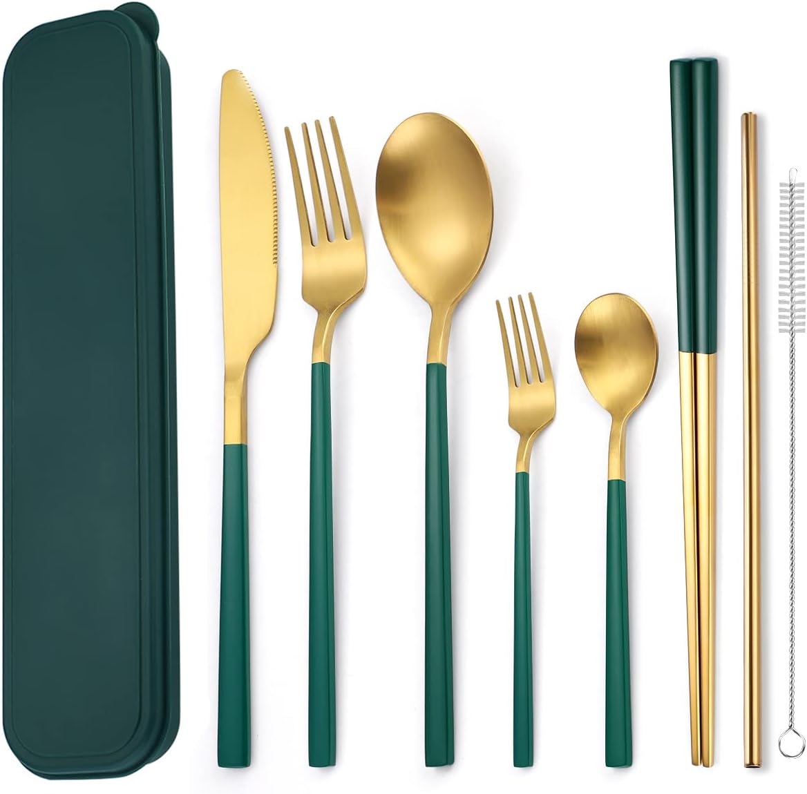 AARAINBOW 6 Pieces 18/8 Stainless Steel Flatware Set Portable Reusable Cutlery Set Travel Utensils Set Including Chopsticks Knife Fork Spoon Straws Cleaning Brush Dishwasher Safe (Green golden)