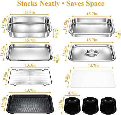 10-Piece Grill Prep and Carry System, Stainless Steel BBQ Prep and Serve Trays with Lid, Dishwasher Safe Cutting Board, Ingredient Prep Trays & Meat Marinade Container for Outdoor Grilling