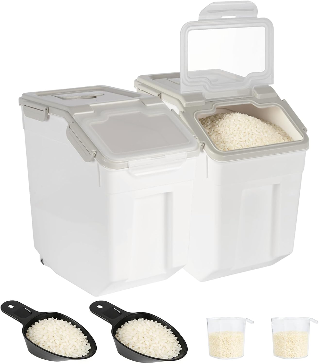 4 Pack Rice Container 25 lbs Large Bulk Flour Sugar Storage Holdhouse Plastic Grain Cereal Dry Goods Bin with Spoon and Measuring Cup for Kitchen Pantry Organization - Green