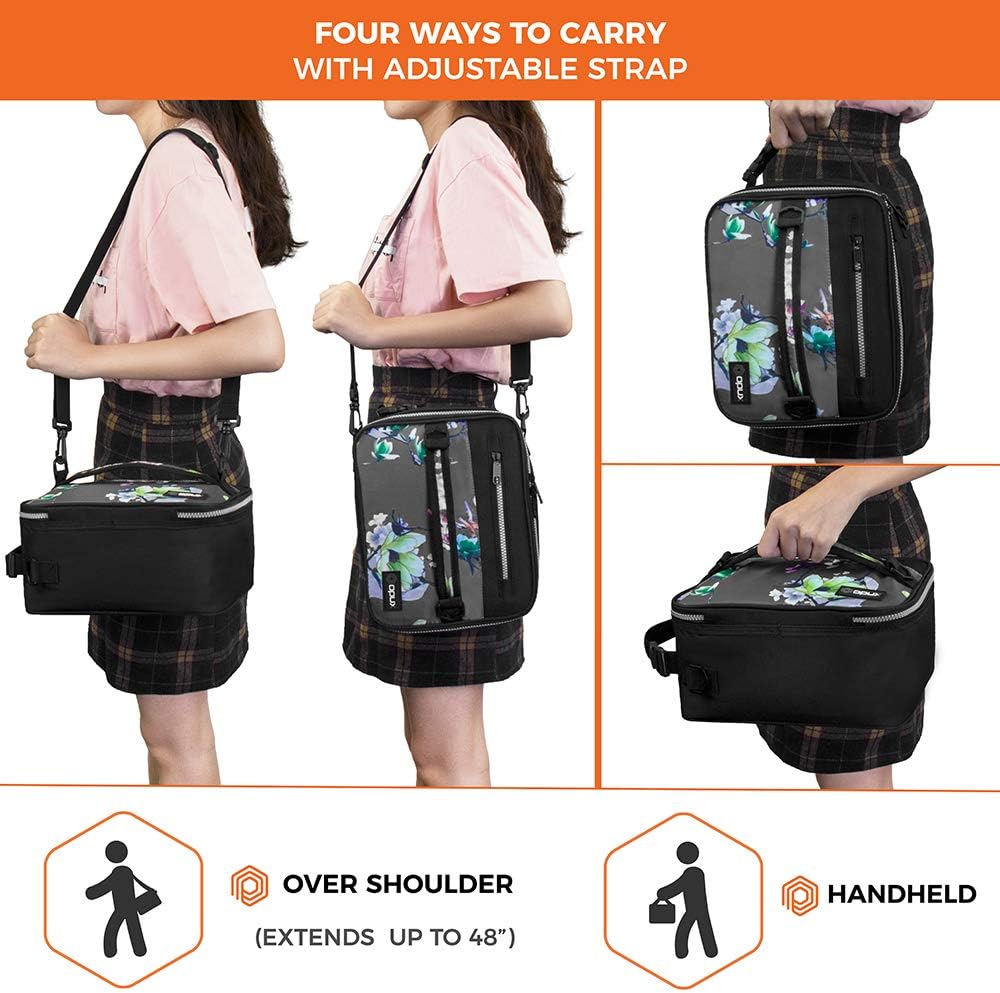 opux Insulated Lunch Box for Men Women Adult, Compact Lunch Bag for Kids Boy Girl Teen, Soft Lunch Cooler Bag for Work School, Leakproof Lunchbox Lunch Pail with Clip-on Buckle, Grey Flowers