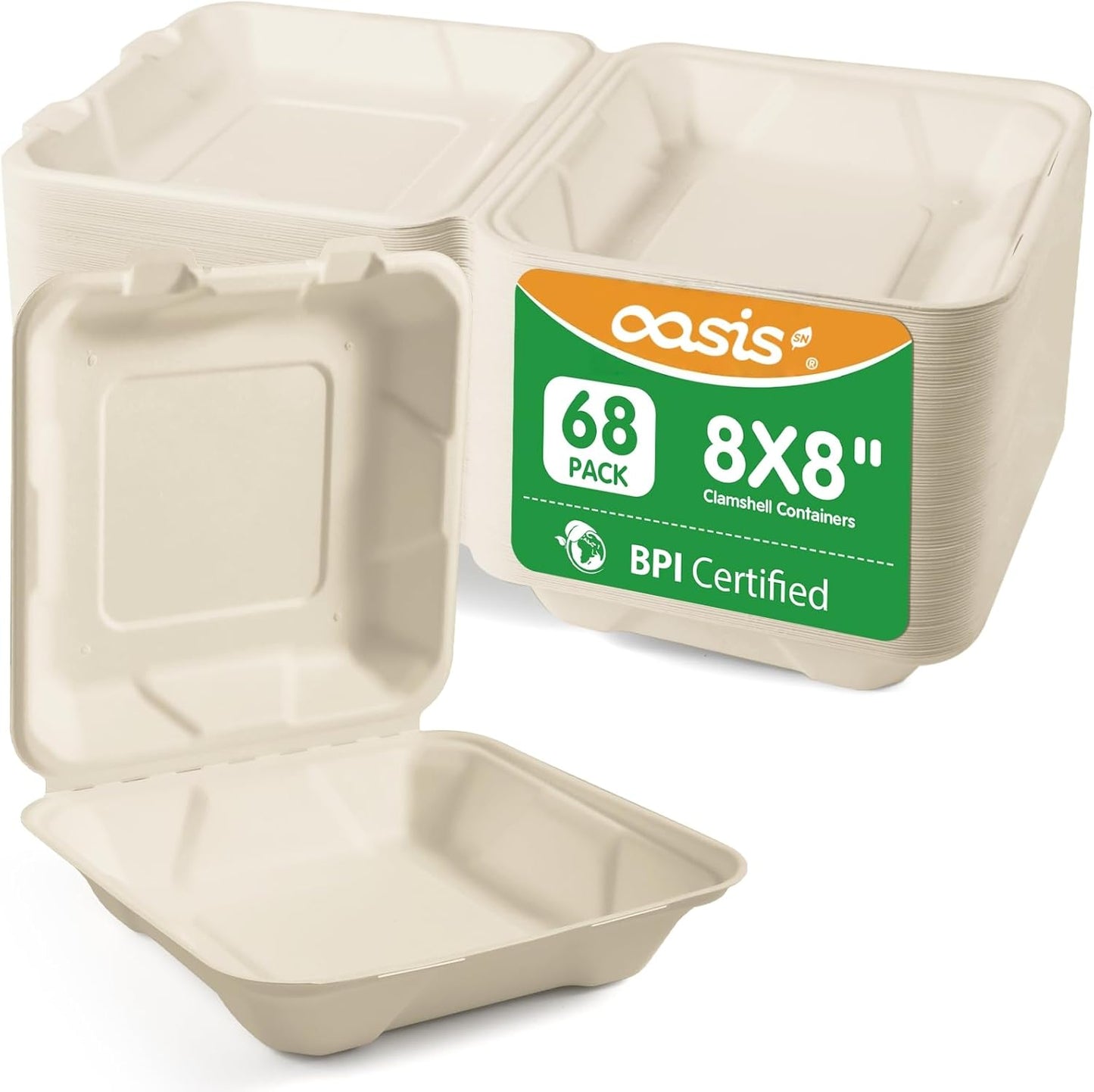 𝟴𝘅𝟴", 𝟲𝟴-𝗣𝗮𝗰𝗸 3-Compartment Clamshell Takeout Containers, 100% Compostable Heavy-Duty Disposable Paper Lunch Boxes(White)
