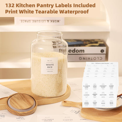 2 Pack Large Glass Flour and Sugar Storage Containers with Airtight Acacia Wood Lids and 132 Kitchen Pantey Labels Preprint - 1 Gallon Borosilicate Glass Canister Sets for Food,Pasta,Cookie,Rice