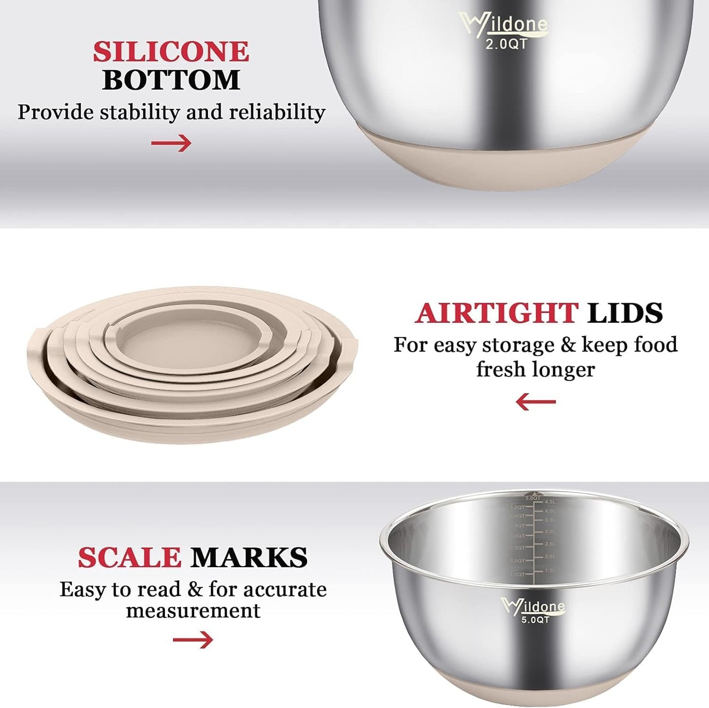 Wildone Mixing Bowls with Airtight Lids, 22 PCS Stainless Steel Nesting Bowls, with 3 Grater Attachments, Scale Marks & Non-Slip Bottom, Size 5, 4, 3, 2,1.5, 0.63QT, Ideal for Mixing & Prepping