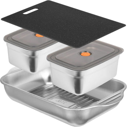 4 Pcs Grill Prep Trays Set, Including Stainless Steel Grilling Prep and Serve Trays, Cutting Board, Marinade Container with Lids for BBQ, Kitchen, Camping