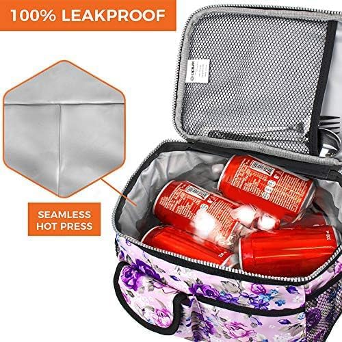 opux Insulated Lunch Bag Women Men, Dual Compartment Leakproof Lunch Box Adults Kids, Double Decker Meal Prep Bento Lunch Cooler Tote with Shoulder Strap for Work Office School Travel, Floral Purple